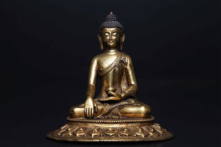 Arte Himalayana Statua in bronzo dorato raffigurante Buddha Sakyamuni Nepal,...