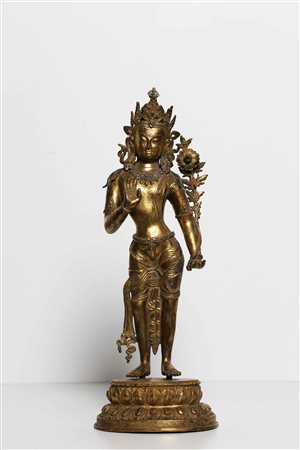 Arte Himalayana Statua in bronzo dorato raffigurante Padmapani Nepal, prima...