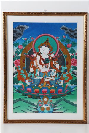 Arte Himalayana Thangka raffigurante Vajrasattva con consorte XX secolo . -....