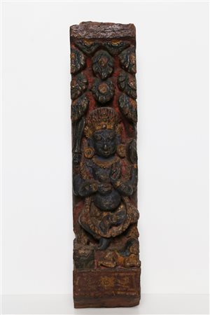 Arte Himalayana Trave in legno policromo raffigurante Mahakala Nepal, XVIII...