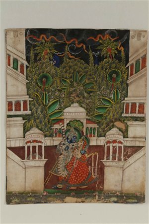 Arte Indiana Dipinto raffigurante Krishna e Radha danzare India, Kotah, XIX...