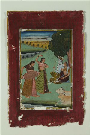 Arte Indiana Miniatura raffigurante Krishna e Radha intrattenuti da due...