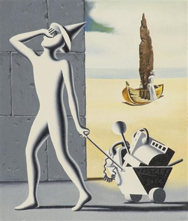 Mark Kostabi (Los Angeles 1960) Buyer's remorse 2004 Olio e foglia oro su...