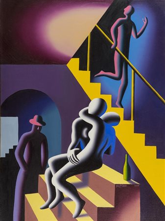 Mark Kostabi (Los Angeles 1960) Misteryous Down 1997 Olio su tela, cm. 102x76...