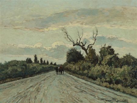 Gino Romiti (Livorno 1881 1967) Strada livornese Olio su faesite, cm. 30x40...