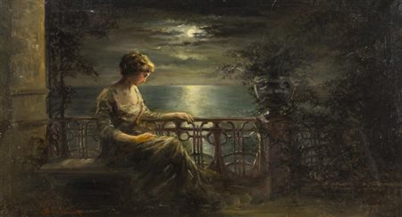 Afonso Simonetti (1840 1892) Figura al chiaro di luna Olio su tela, cm. 46x82...