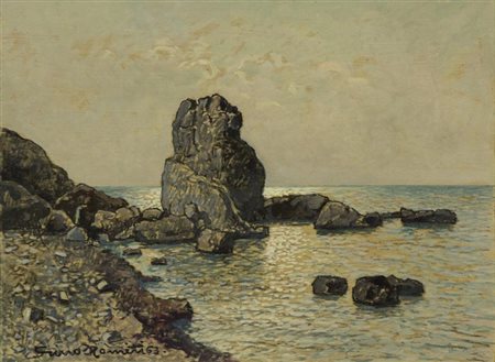 Gino Romiti (Livorno 1881 1967) Scogli 1963 Olio su faesite, cm. 30x40 Firma...