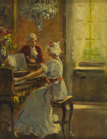 Mario Capuzzo (1902 1978) Al pianoforte Olio su cartone, cm. 35x27,5 Sul...