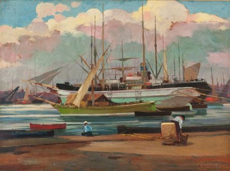 Renato Natali (Livorno 1883 1979) Marina Olio su tavola, cm. 60x80 Firmato in...