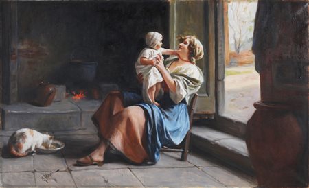 MAGNI GIUSEPPE (1869 - 1956) Amore materno. Olio su tela. Cm 90,00 x 56,00....
