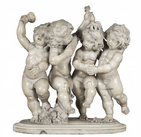 Quattro putti danzanti, gruppo in marmo bianco statuario, sec.XIXcm. 65x60