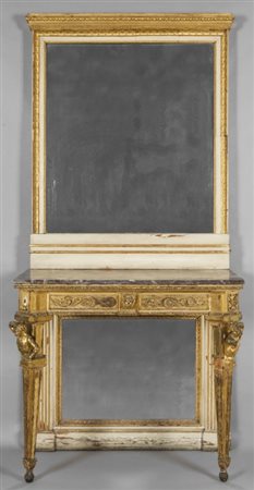 Console Luigi XVI in legno intagliato e dorato, gambe frontali con telamoni,...