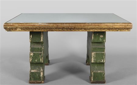 Piano di tavolo in legno dorato con specchio, gambe a cavallettocm. 127x97xh.70