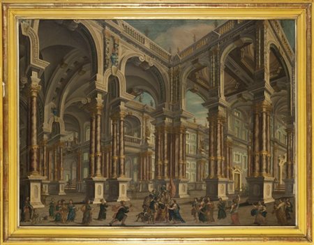 Scuola del Bibbiena (sec. XVIII) "Architettura con personaggi" olio cm. 220x160