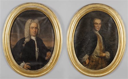 Scuola genovese secolo XVIII "Ritratti di gentiluomini" coppia di olii di...