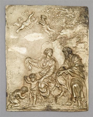 "Sacra Famiglia con San Giovannino" placchetta in bronzo dorato, Veneto inizi...