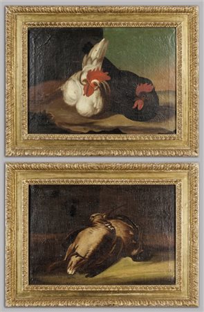 Scuola emiliana sec.XVIII "Gallo e gallina" e "Cacciagione" due oliicm. 46,5x34