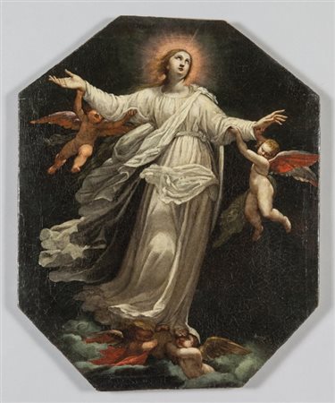 Maria Balassi (?) "Vergine Assunta" olio di forma ottagonale cm. 52x65