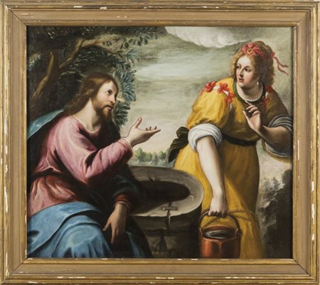 Scuola genovese sec.XVII "Rebecca al pozzo " olio cm. 127x110