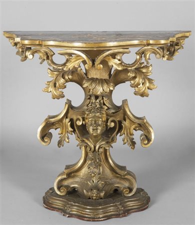 Console Luigi XIV, piede centrale in legno intagliato e dorato con al centro...