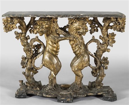 Coppia di importanti consoles Luigi XIV in legno intagliato e dorato, due...