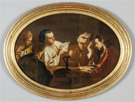 Scuola veneta sec.XVIII "L'allegoria delle arti" olio di forma ovale cm.48x35