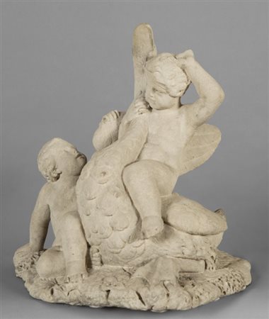 Putti con cigno, gruppo in pietra (terminale di fontana)cm. 60x70 h. 68