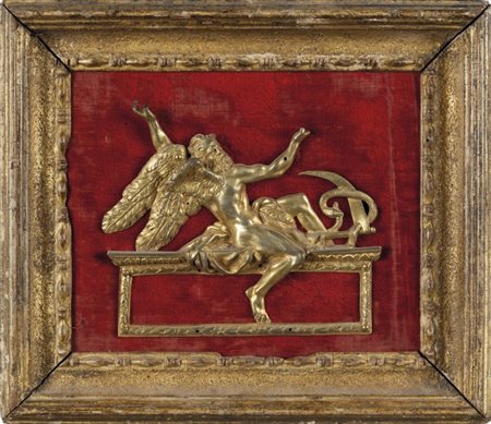 Allegoria del tempo, placca in bronzo dorato, cornice in legno dorato,...