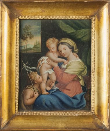 Scuola piemontese fine sec.XVIII "Madonna con Bambino e San Giovannino" olio...