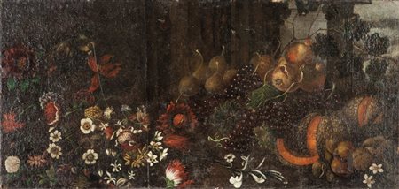 "Natura morta con fiori, frutta e pappagallo" olio, sec.XVII cm.120x57