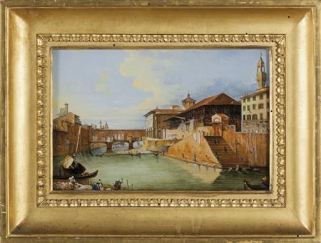 Scuola toscana sec.XIX "Veduta di Firenze" olio su vetrocm. 25x18