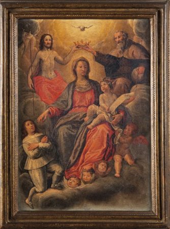 Scuola italiana sec.XVIII "Madonna in trono con Santi e donatore" oliocm. 25x36