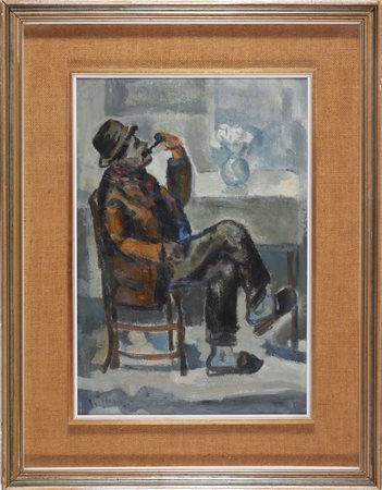 GAROSIO OTTORINO (1904 - 1980) Uomo con la pipa. Olio su cartone. Cm 34,50 x...