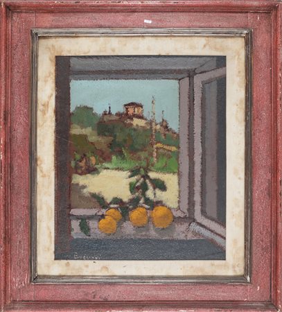 BUGLIONI ERNESTO (n. 1914) Arance sulla finestra. Olio su tela. Cm 48,00 x...