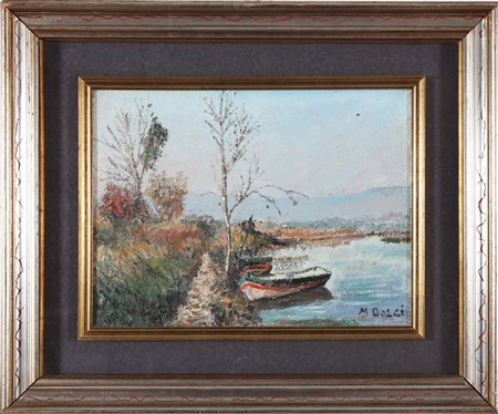DOLCI MARTINO (1912 - 1994) Paesaggio con barca. Olio su tela applicata su...