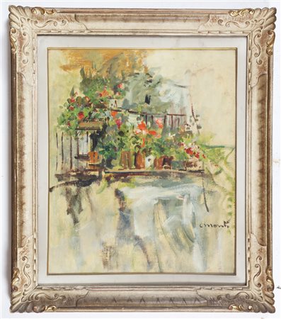MONTI CESARINO (1916 - 1979) Balcone fiorito. Olio su tela. Cm 50,00 x 60,00....