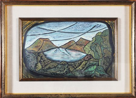 ORIANI PIPPO (1909 - 1972) Lago. Encausto su cartone. Cm 48,00 x 30,00. Firma...