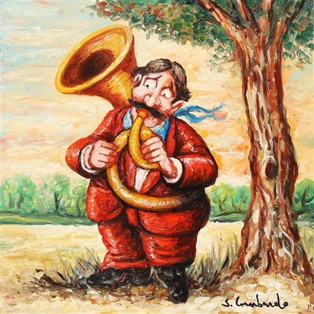 LOMBARDO SALVO (n. 1948) Personaggio con il trombone. Olio su tela. Cm 30,00...