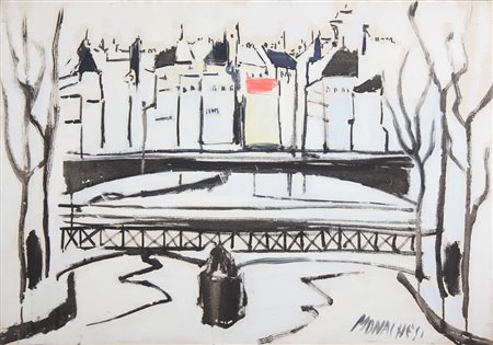 MONACHESI SANTE (1910 - 1991) Paris. Olio su tela . Cm 70,00 x 100,00. Titolo...