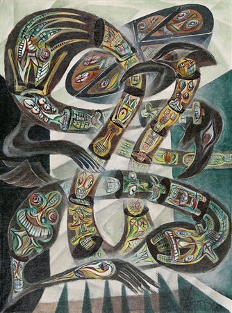 ERRO’, 1932, Le serpent a plumes, 1960, Olio su tela, cm. 60 x 45, Firmato e...