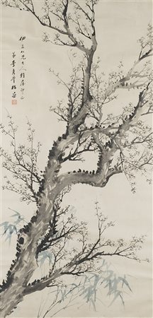 Dipinto raffigurante ramo di pruno in fiore e bambù, con iscrizione e...