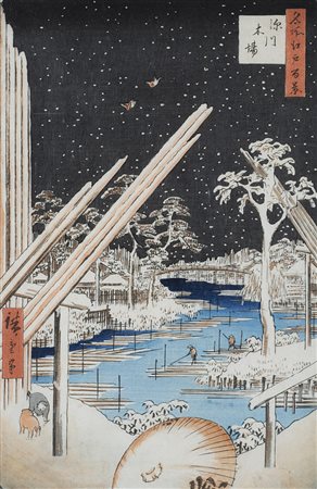 Tre stampe recanti firma Hiroshige, raffiguranti un paesaggio innevato, il...