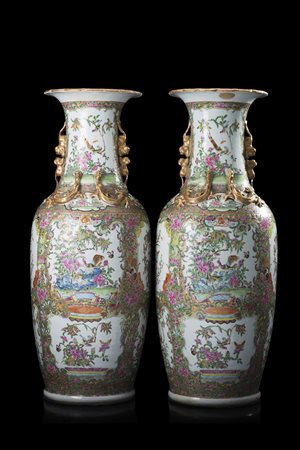 Coppia di vasi in porcellana Famiglia Rosa cantonese, con draghi dorati a...