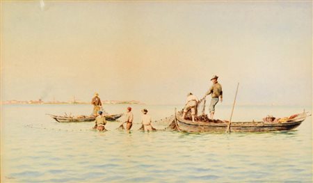 GALTER PIETRO Venezia 1840 - 1901 Pescatori tecnica mista su cartoncino...