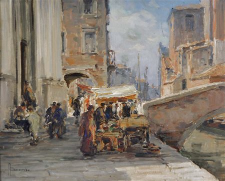 BROMBO ANGELO Chioggia 1893 - 1962 La riva dei Filippini olio su tavola 40x50...