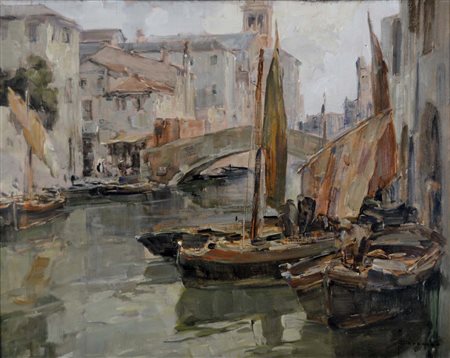 BROMBO ANGELO Chioggia 1893 - 1962 Ponte Scarpa Chioggia olio su tavola 40x50...