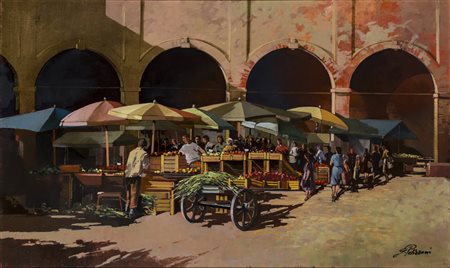 GIANFRANCO PELLIZZONI (1937)Mercatino, 2004Olio su telaCm 60x100Firma al...