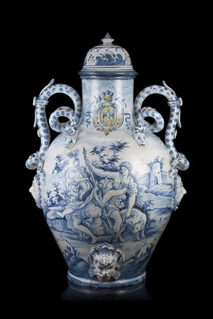 Manifattura ligure sec. XIX. Grande vaso biansato in maiolica decorato nei...