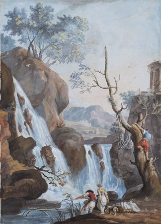 Maestro romano del secolo XVIII "Paesaggio con cascate di Tivoli" tempera su...