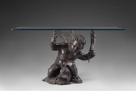 Base per tavolo da salotto con piede in bronzo raffigurante un putto a...